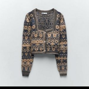 Zara Knit Jacquard Square Neck Crop Sweater Cardigan